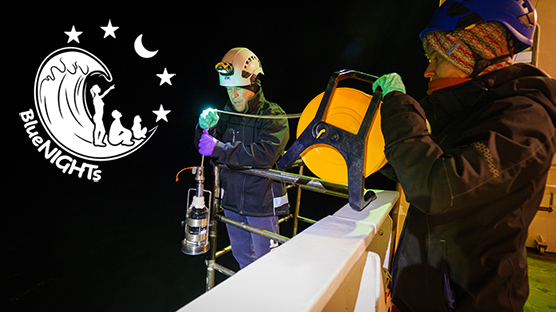 Blue Nights logo / taking samples during the night onboard Finnish R/V Aranda